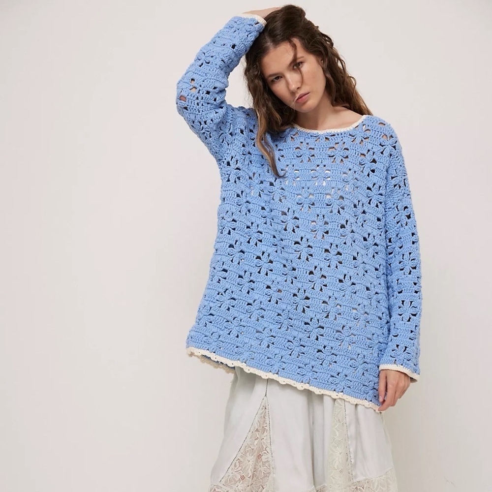 New Free People Crochet Knit Tunic Sweater Blue Floral XS